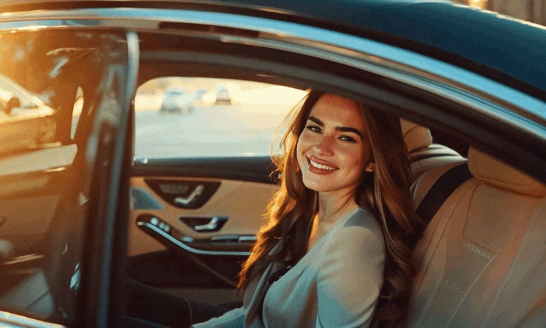 Happy customer riding comfortably in a premium car